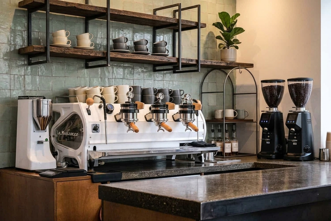 Newly installed three-group commercial espresso machine and grinder on a café counter