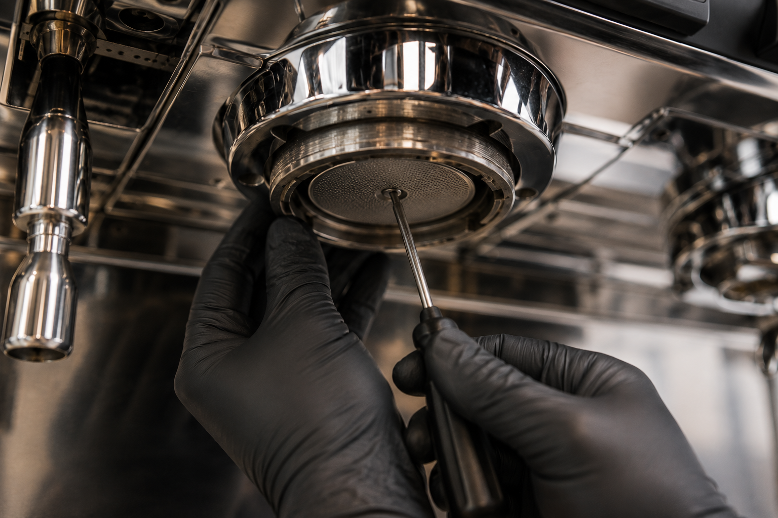 Close-up of a commercial espresso machine group head with the shower screen removed during a repair