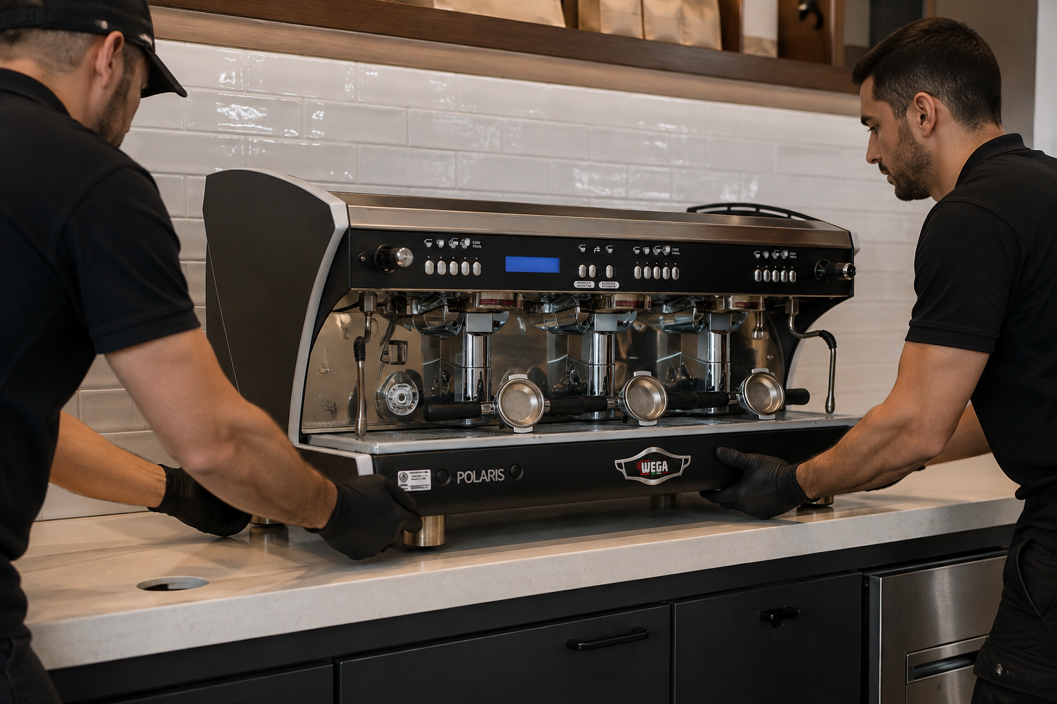 Two technicians positioning a commercial espresso machine during an installation