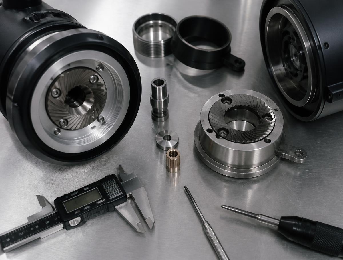 Disassembled commercial coffee grinder burrs and components on a stainless workbench