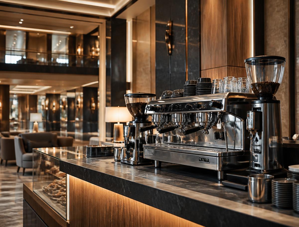 Commercial coffee bar in an upscale hotel lobby with espresso machine and grinders