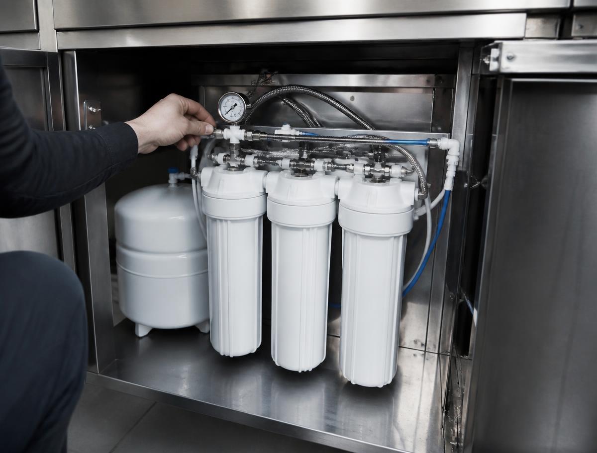 Under-counter commercial water filtration system with filter cartridges and pressure gauge