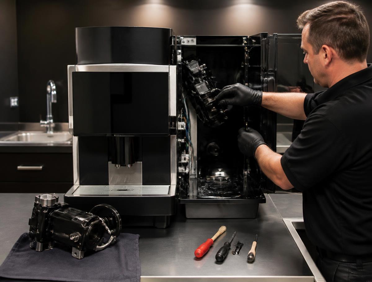 Technician performing preventive maintenance on a super-automatic commercial coffee machine